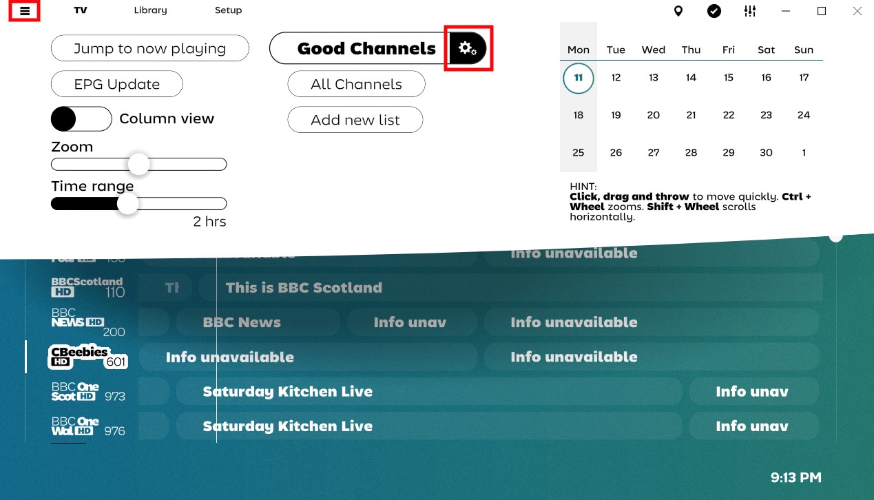 Uno screenshot del menu a discesa TV della schermata della guida